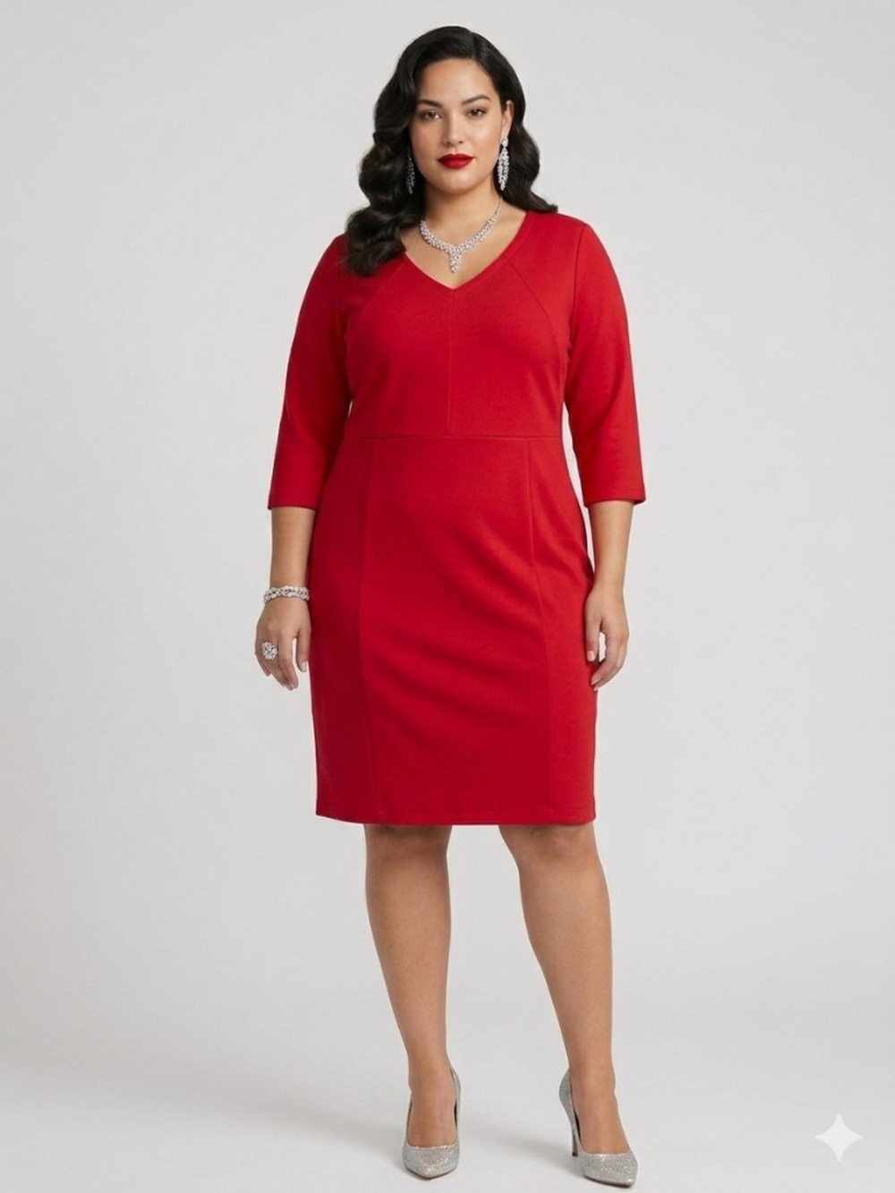 Avenue Red V-Neck Sheath Dress Plus 14/16 Mid Length 3/4 Sleeve Glam Office Chic